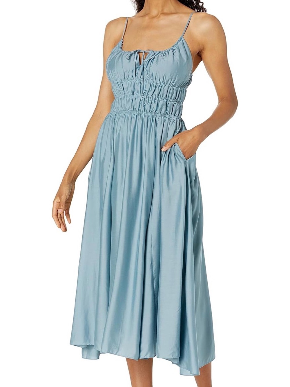 Joie Dusty Blue Smocked Midi Dress with Spaghetti Straps